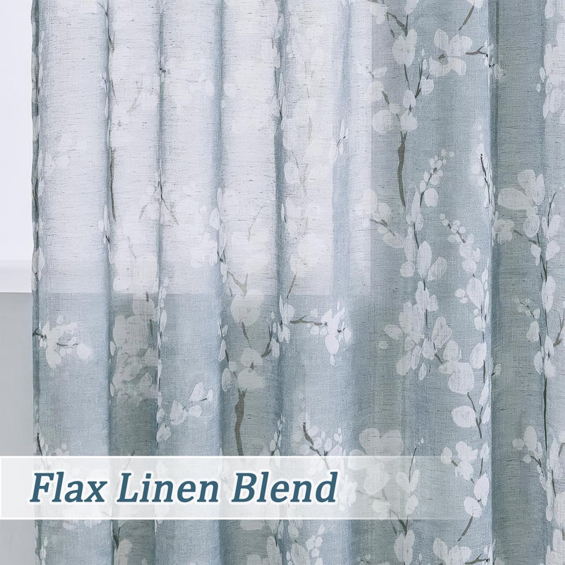 FMFUNCTEX Linen Sheer Curtains for Bedroom, Blue White Blossom Print Curtains 96 Inches Long for Living Room,Floral Patterned Farmhouse Curtain Light Filtering Window Drapes 2 Panels, Rod Pocket - Image 4